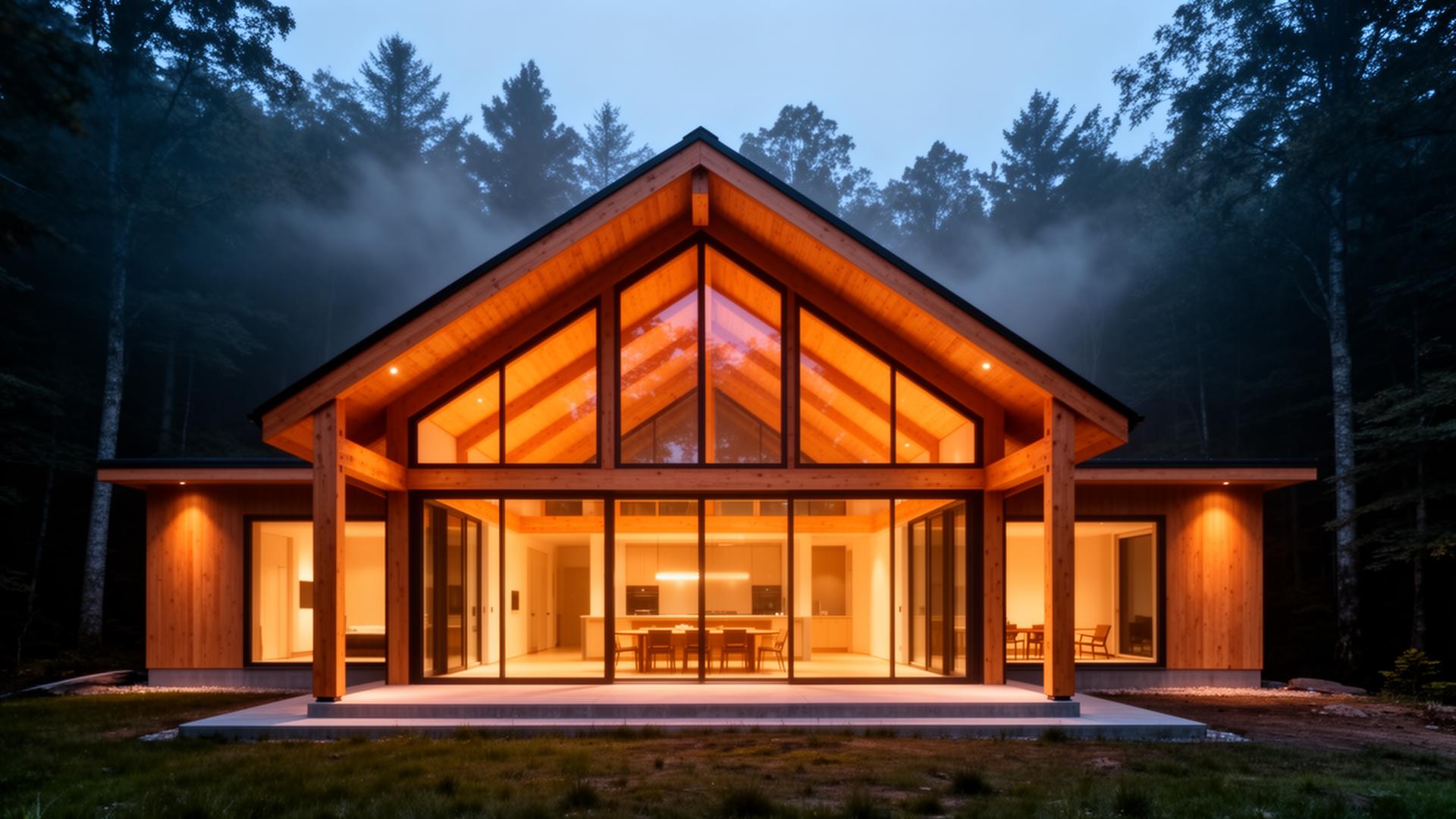 A contemporary timber-frame ECO Home illuminated at dusk in a forest clearing