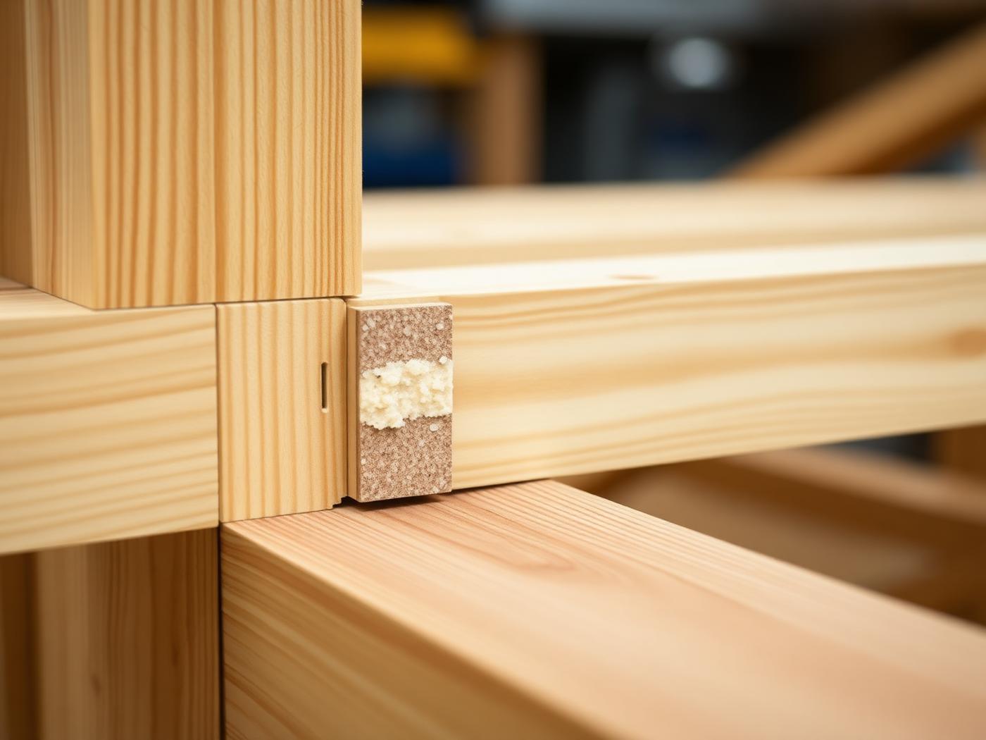 Macro detail of a precision-engineered TADEKS timber frame joint with insulation